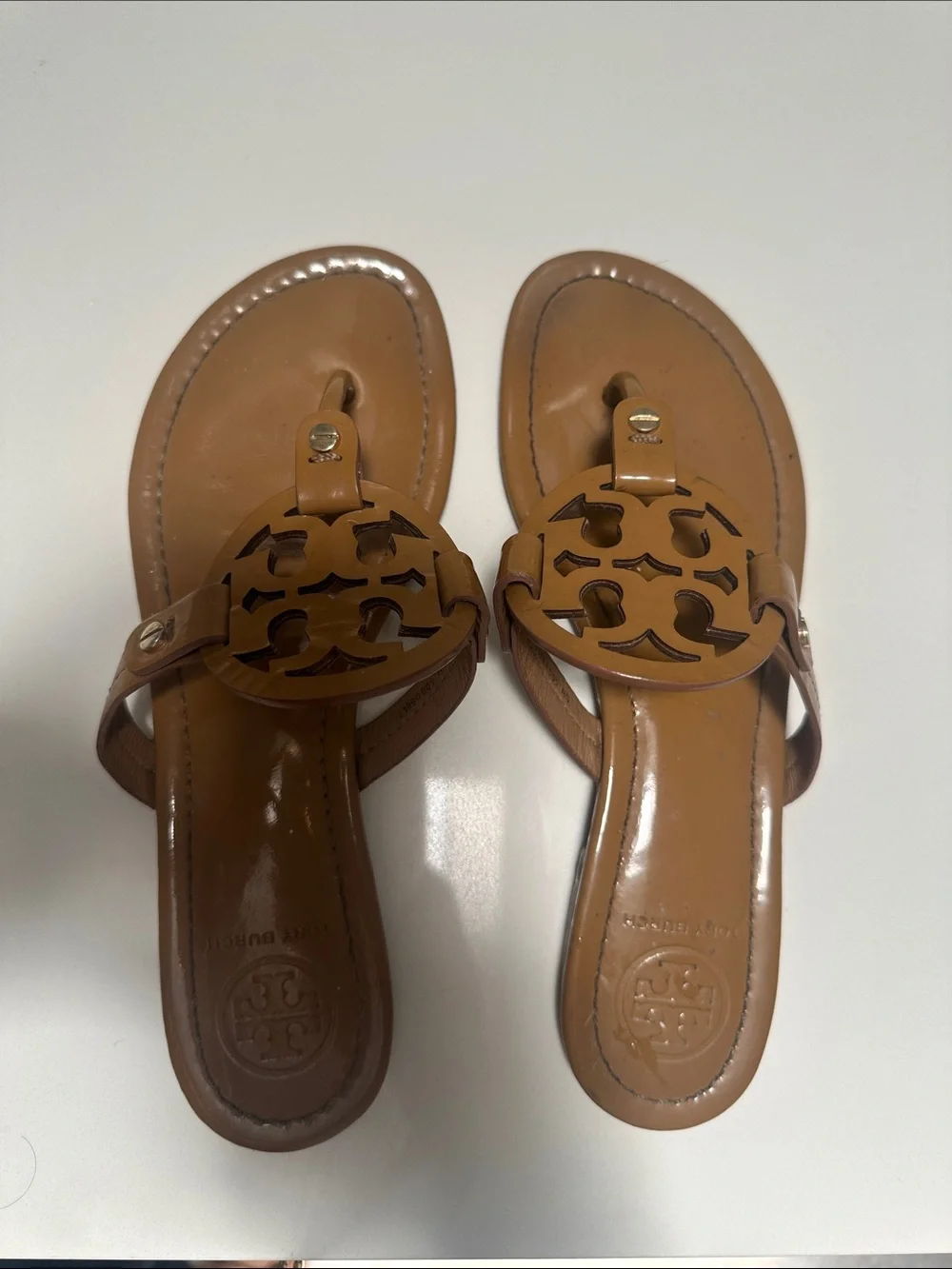 Tory Burch Cognac Leather Logo Thong Sandals